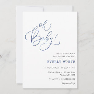 "Oh Baby" Calligraphie Baby shower bleu invitation