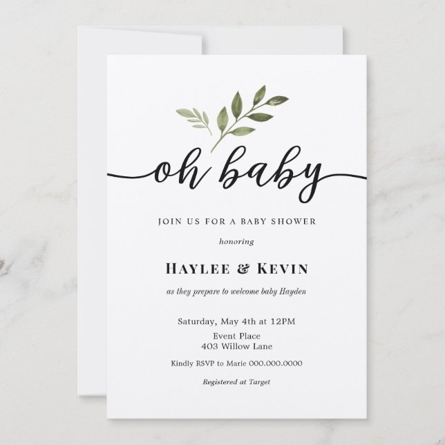 "Oh Baby" Calligraphie Greenery Douche invitation (Devant)