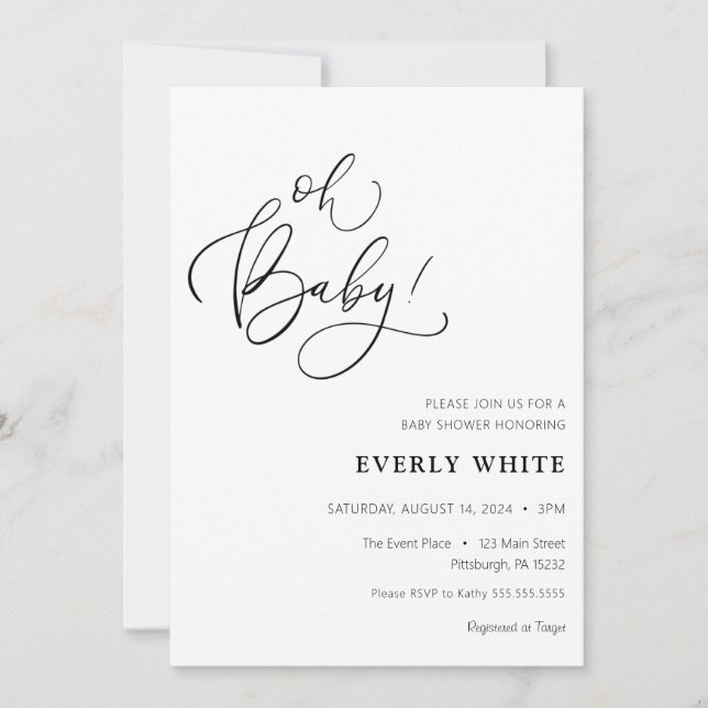 "Oh Baby" Calligraphy Baby Shower Einladung (Vorderseite)