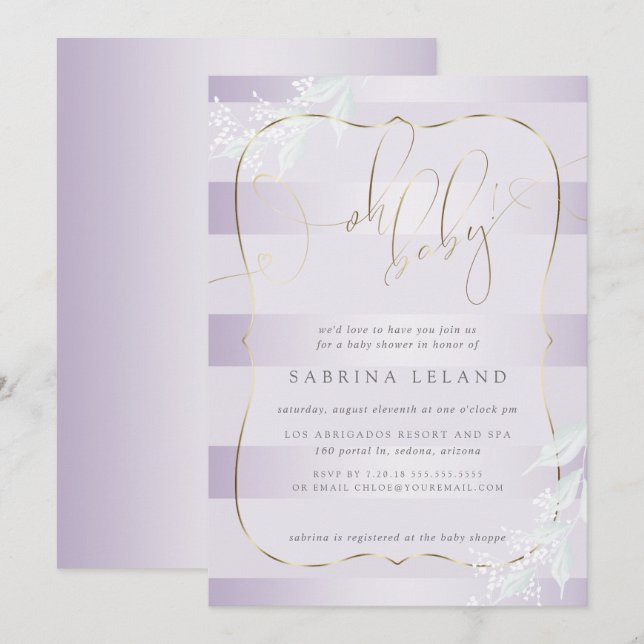 OH Baby! Calligraphy Ombré Lilac Stripes Einladung (Vorne/Hinten)