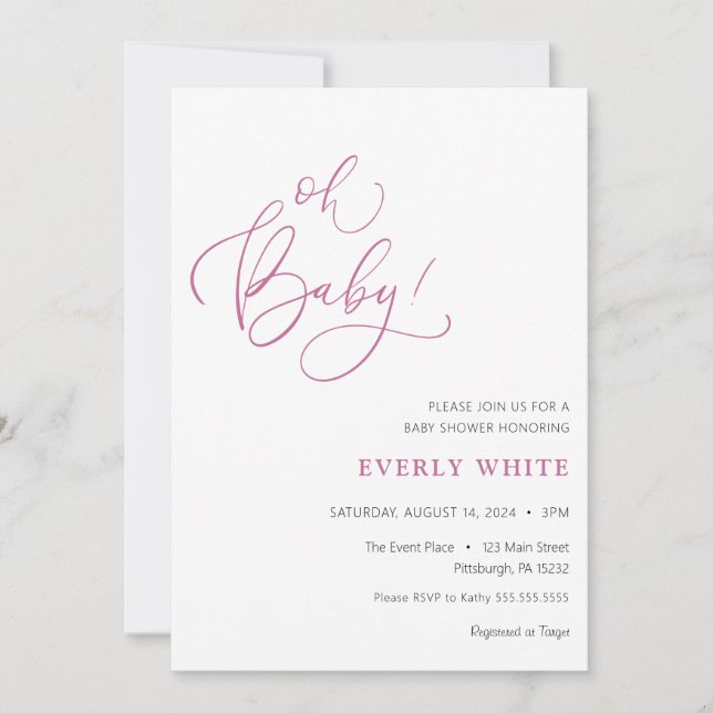 "Oh Baby" Calligraphy Pink Baby Shower Einladung (Vorderseite)