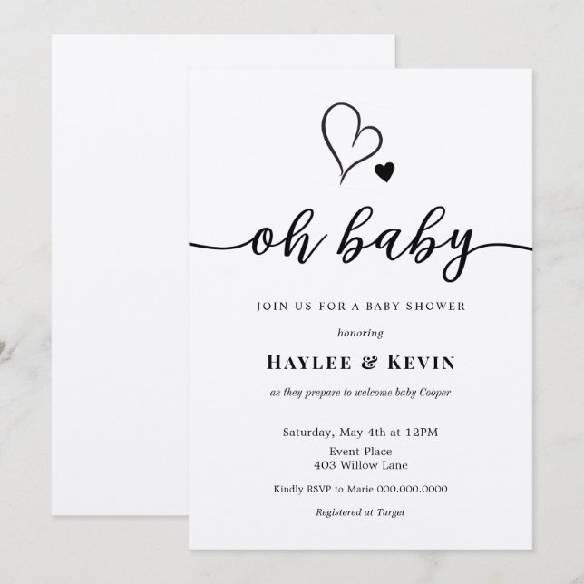 Oh Baby Calligraphy Showeinladung Einladung (Vorne/Hinten)
