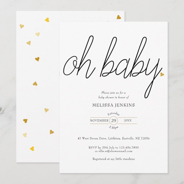 Oh Baby Chic Script Gold Liebe Heart Baby Dusche Einladung (Vorne/Hinten)