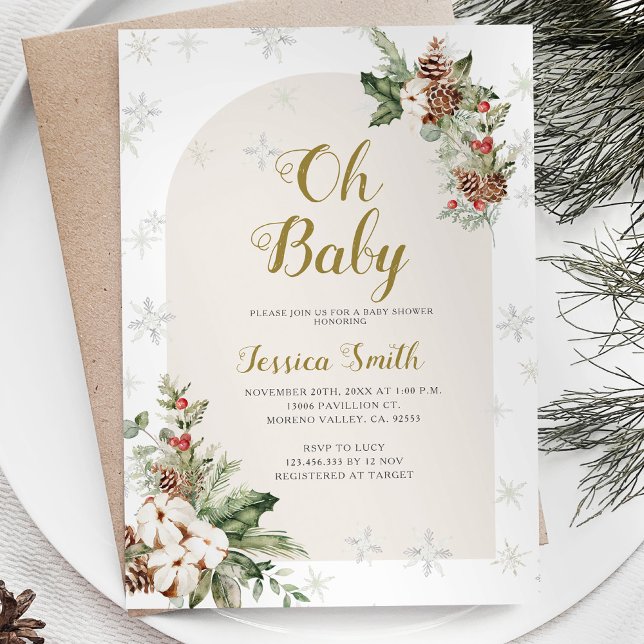 Oh Baby Christmas Floral Snowflakes Babydusche Einladung (Von Creator hochgeladen)