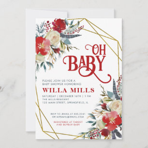 Oh Baby Christmas Red Greenery Gold Baby Dusche Einladung