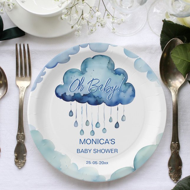 Oh Baby Cloud Baby Duschvorschau Pappteller (Oh Baby blue whimsical cloud baby shower template Paper Plates personalized tableware decor)