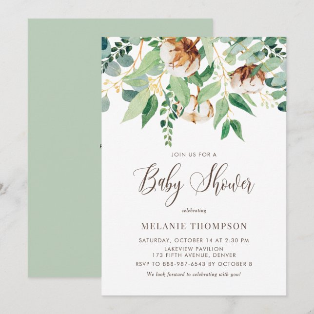 Oh Baby Cotton Blossoms und Eucalyptus Baby Dusche Einladung (Vorne/Hinten)