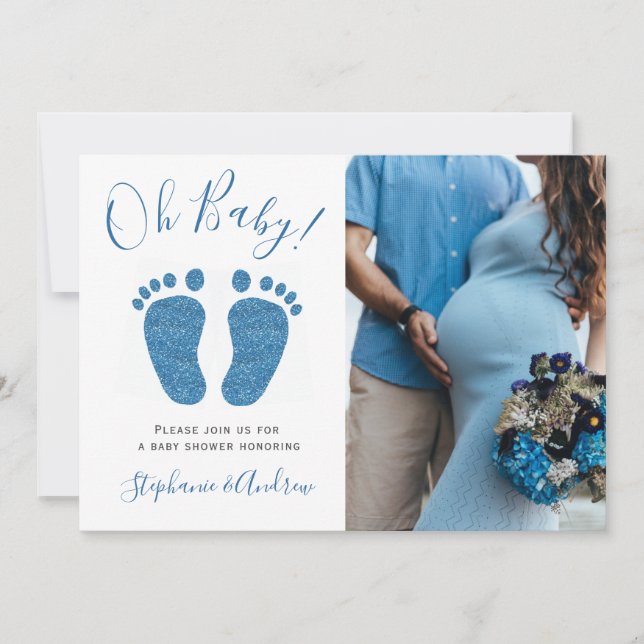 Oh Baby Couple's Foto Blue Baby Dusche Einladung (Vorderseite)