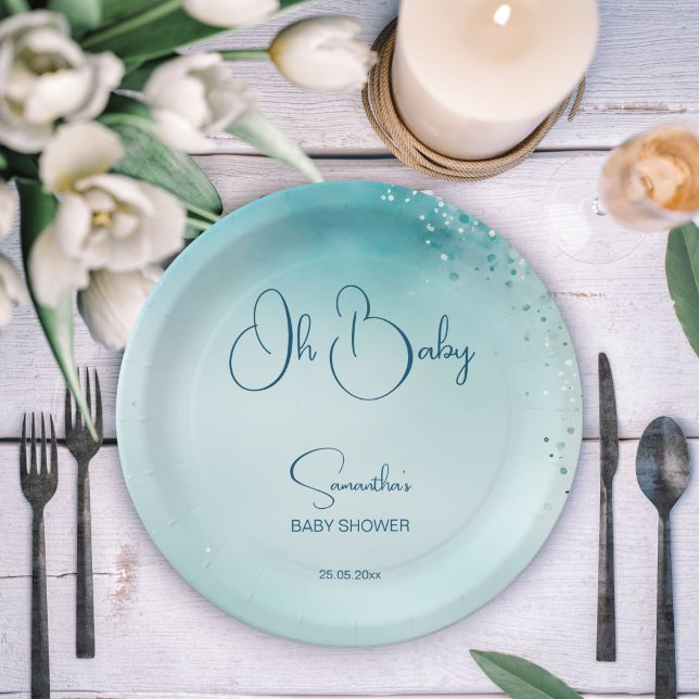 Oh Baby Cyan Aqua Blue Baby Dusche Vorlage Pappteller (Oh baby cyan aqua blue abstract watercolor simple modern baby shower template paper plates printed)