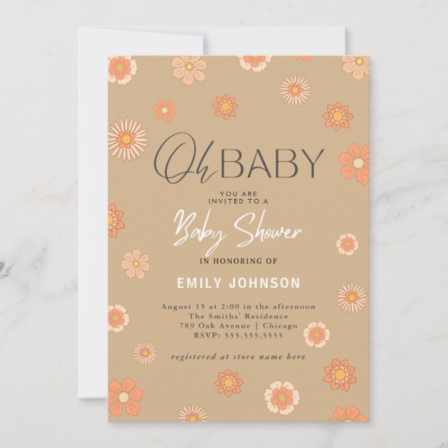 Oh, Baby! Daisy Beige Babydusche Einladung (Vorderseite)
