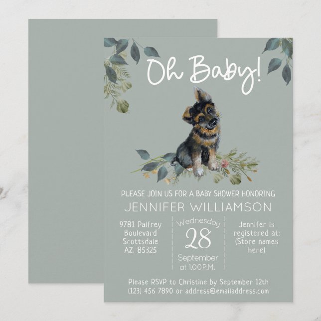 Oh, Baby! Dog Baby Shower German Shepherd Sage Einladung (Vorne/Hinten)