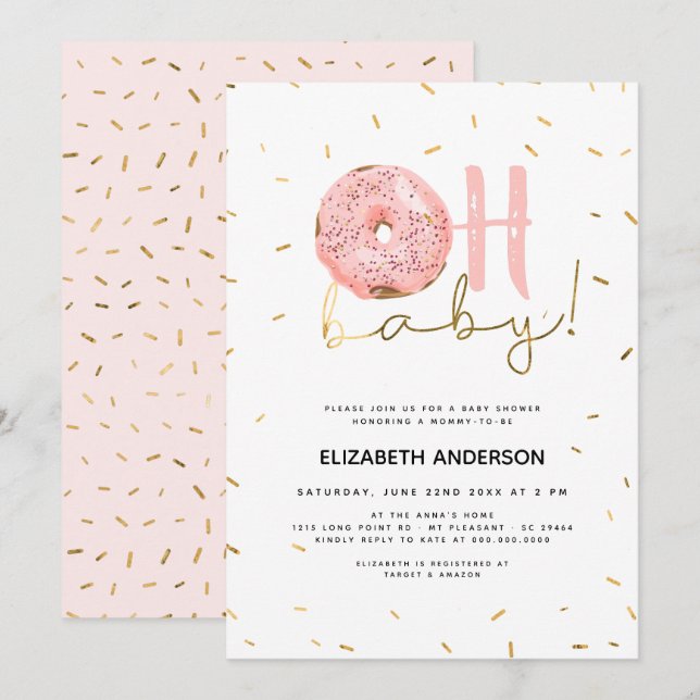 Oh Baby Donut & Sprinkles Gold Girl Baby Shower Einladung (Vorne/Hinten)