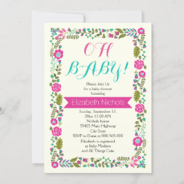 Oh Baby Dusche Aqua, rosa moderne Blumengrenze Einladung