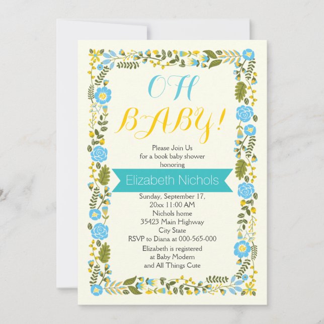 Oh Baby Dusche Aqua und gelbe Blumengrenze Einladung (Vorderseite)