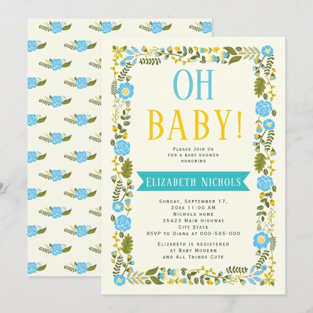 Oh Baby Dusche Aqua und gelbe Blumengrenze Einladung (Vorne/Hinten)