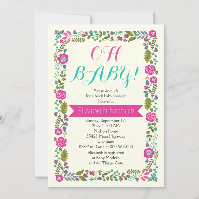 Oh Baby Dusche Aqua und rosa Blumengrenze Einladung (Vorderseite)