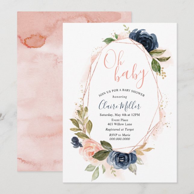 Oh Baby Dusche Blush und Navy Einladung (Vorne/Hinten)