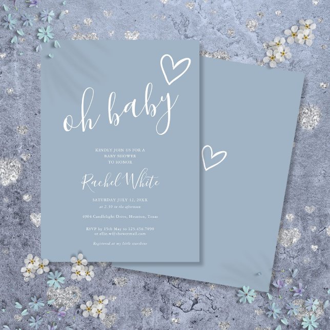 Oh Baby Dusche Herz Dusty Blue Minimalistisch Einladung (Oh Baby Shower Heart Dusty Blue Minimalist Invitation)