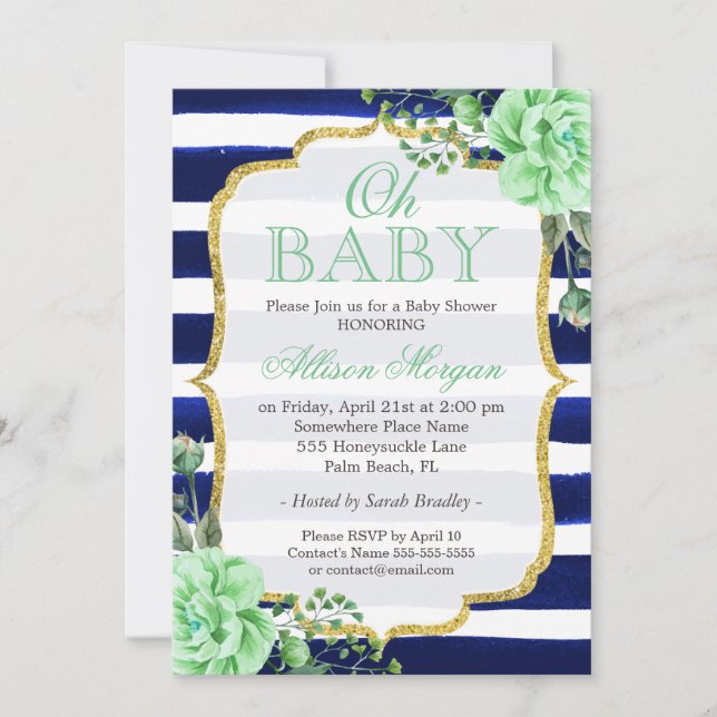 Oh Baby Dusche Minze florale Gold Navy Streifen Einladung (Vorderseite)