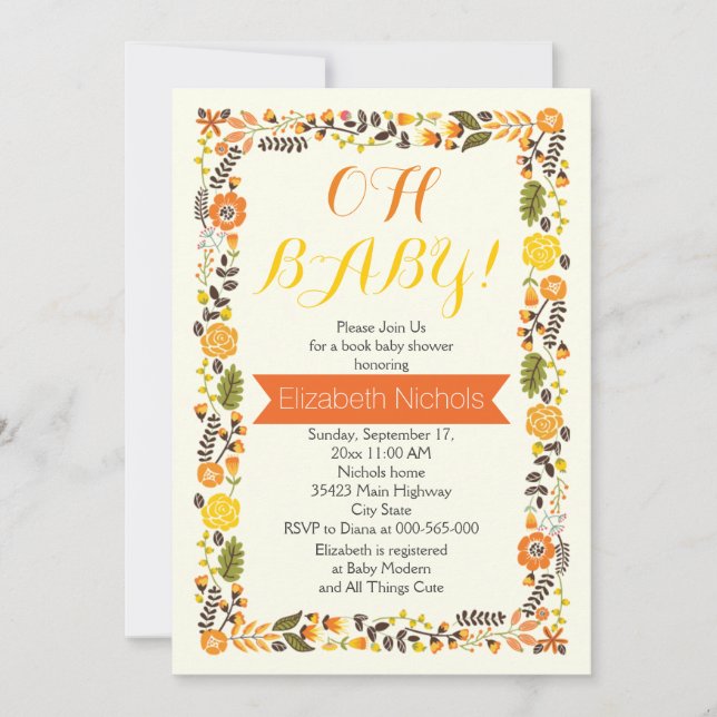 Oh Baby Dusche orange und gelbe Blumengrenze Einladung (Vorderseite)