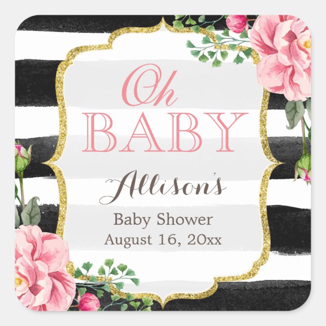 Oh Baby Dusche Romantische rosa Blütengolden Strei Quadratischer Aufkleber (Vorderseite)