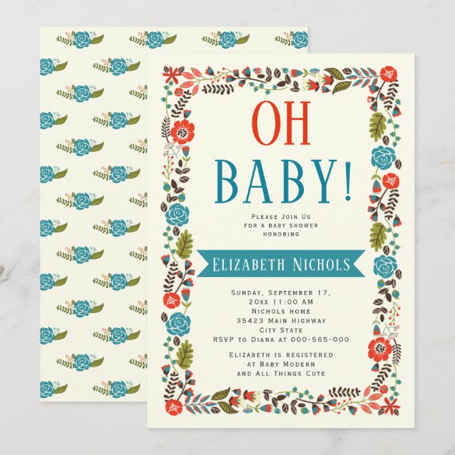 Oh Baby Dusche rot und aquamarin moderne Blumengre Einladung (Vorne/Hinten)