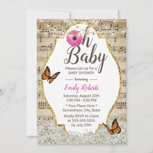 Oh Baby Dusche Rustikales Gipskraut floral Musical Einladung (Vorderseite)