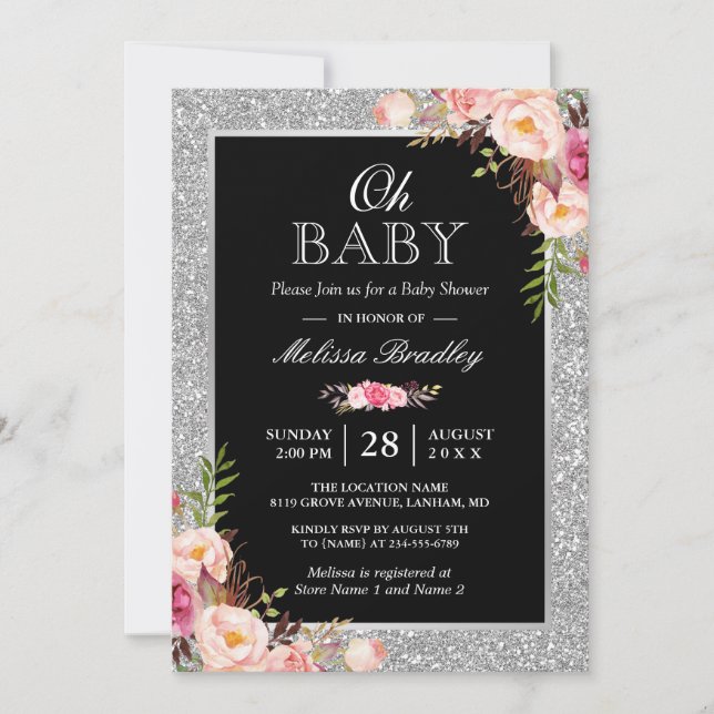 Oh Baby Dusche Silver Glitzer Glitzern Pink Floral Einladung (Vorderseite)
