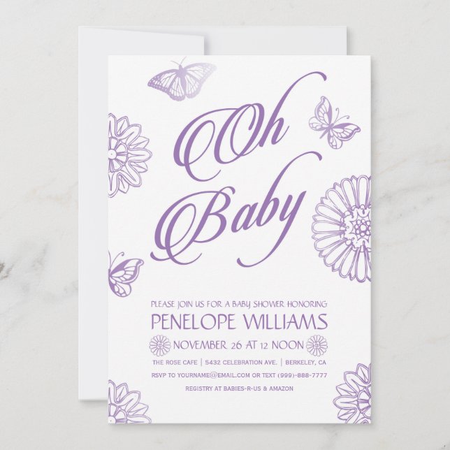 Oh Baby-Duschen-Einladungen des Baby-| | lila Einladung (Vorderseite)