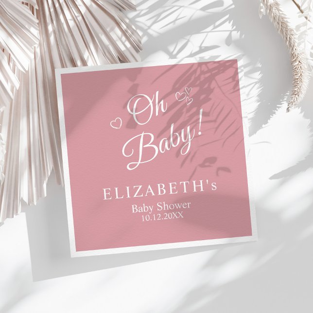 "Oh Baby" Dusty Pink Moderne Minimalistische Babyd Serviette ("Oh Baby" Dusty Pink Modern Minimalist Baby Shower Napkins on a sunny white boho table.)