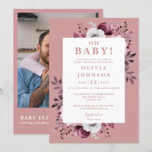 Oh Baby Dusty Rose Floral Foto QR Babydusche Einladung