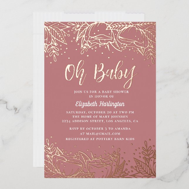 Oh, Baby. Dusty Rose Goldblütendusche Folieneinladung (Briefumschlag)