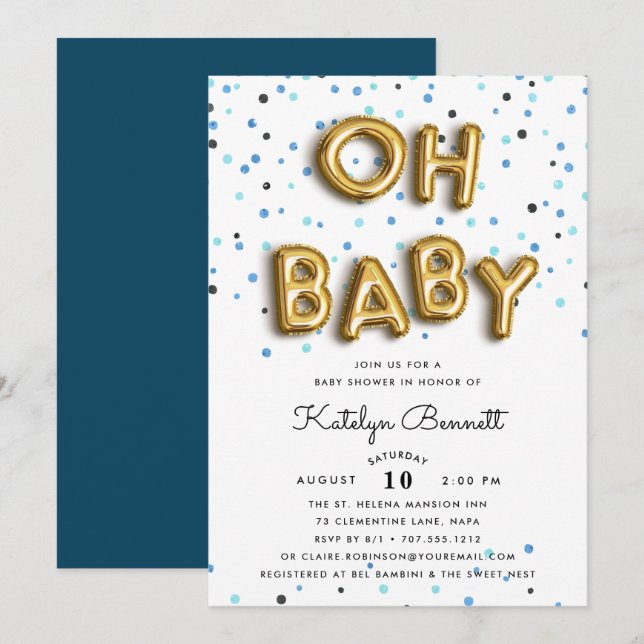 Oh Baby | Einladung für Navy & Gold Baby-Dusche (Vorne/Hinten)