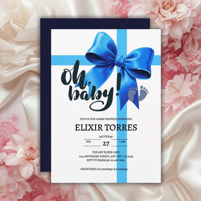 Oh, Baby! Elegant Blue Bow Baby Shower Einladung (Von Creator hochgeladen)