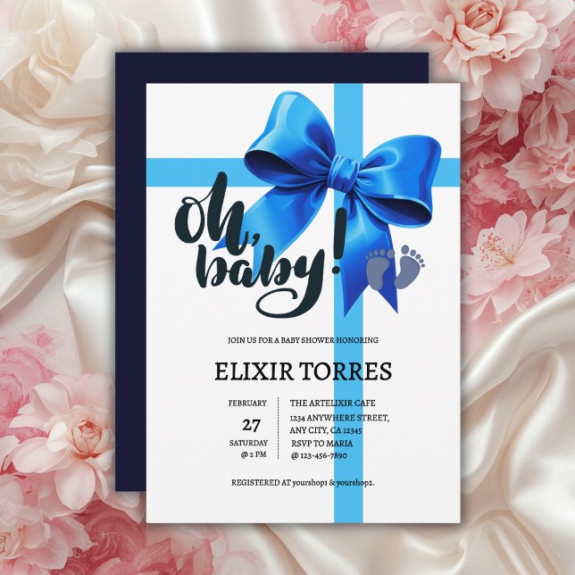 Oh, Baby! Elegant Blue Bow Baby Shower Einladung (Von Creator hochgeladen)