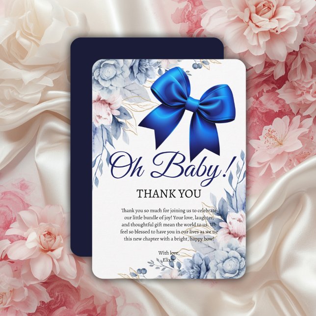 Oh, Baby! Elegant Blues Blue Bow Baby Shower Dankeskarte (Von Creator hochgeladen)