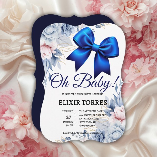 Oh, Baby! Elegant Blues Blue Bow Baby Shower Einladung (Von Creator hochgeladen)