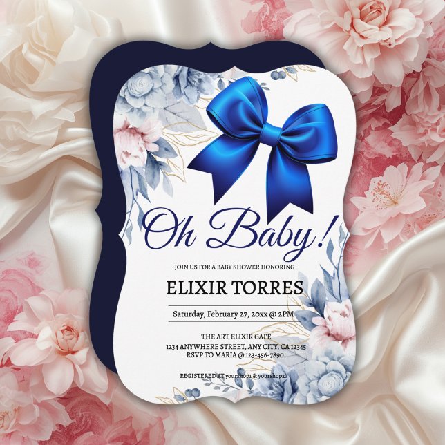 Oh, Baby! Elegant Blues Blue Bow Baby Shower Einladung (Von Creator hochgeladen)