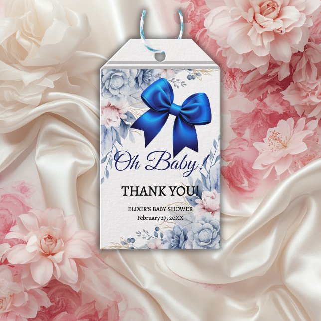 Oh, Baby! Elegant Blues Blue Bow Baby Shower Geschenkanhänger (Von Creator hochgeladen)