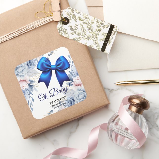 Oh, Baby! Elegant Blues Blue Bow Baby Shower Quadratischer Aufkleber (Schenken)