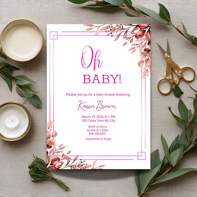 Oh Baby Elegant Greenery und Pink Baby Dusche Einladung (Von Creator hochgeladen)