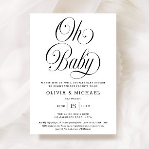 Oh Baby Elegant Schrift Schwarz-Weiß Neutrale Baby Einladung