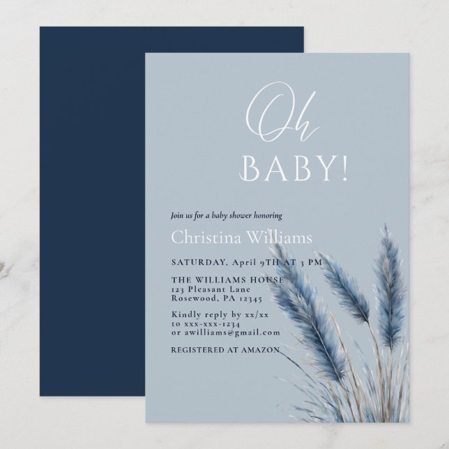 Oh Baby Elegant Script Blue Pampas Baby Shower Einladung (Vorne/Hinten)