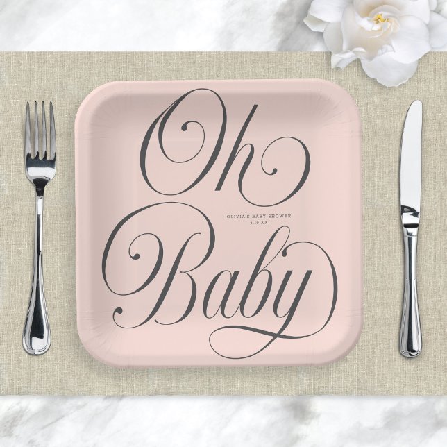 Oh Baby Elegant Script Blush Pink Girl Baby Shower Pappteller (Von Creator hochgeladen)