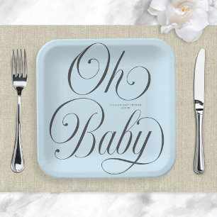 Oh Baby Elegant Script Hellblauer Jungen-Baby-Part Pappteller