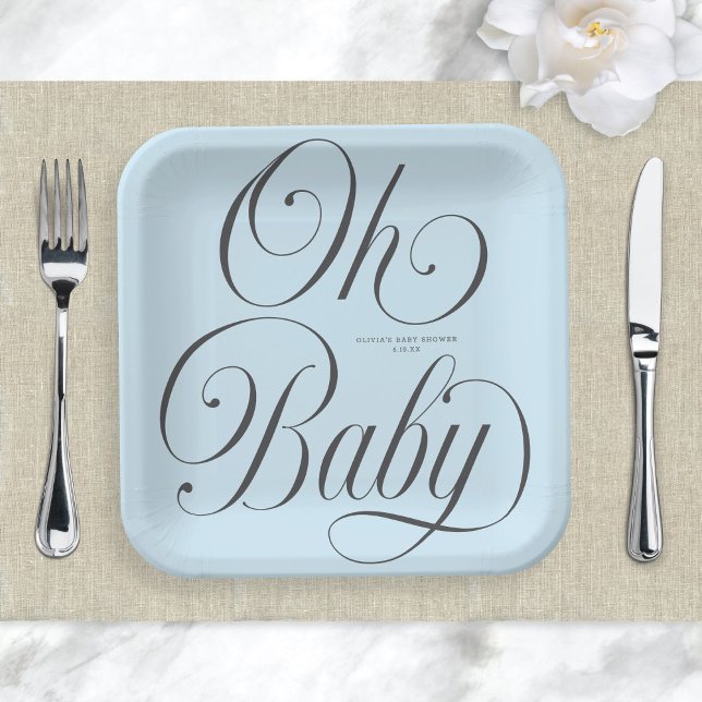 Oh Baby Elegant Script Lt. Blue Boy Baby Shower Pappteller (Von Creator hochgeladen)
