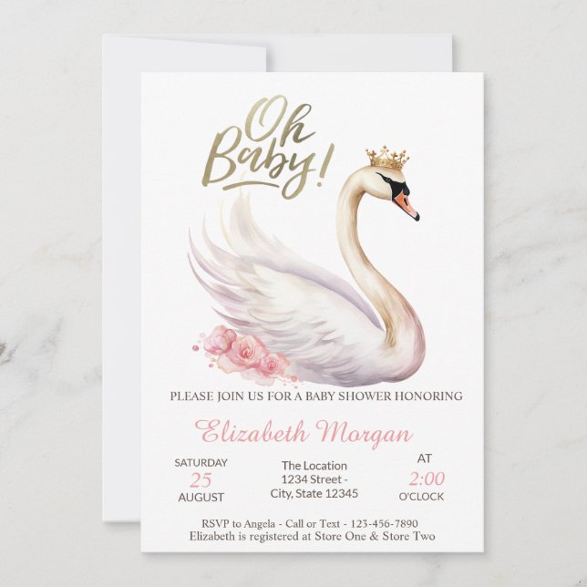 Oh Baby Elegant Swan Crown Blume Babydusche Einladung (Vorderseite)