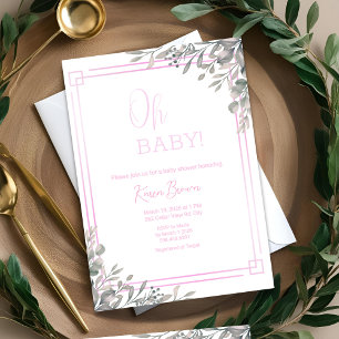 Oh Baby Elegante Grünpflanzen und Rosa Babyparty  Einladung