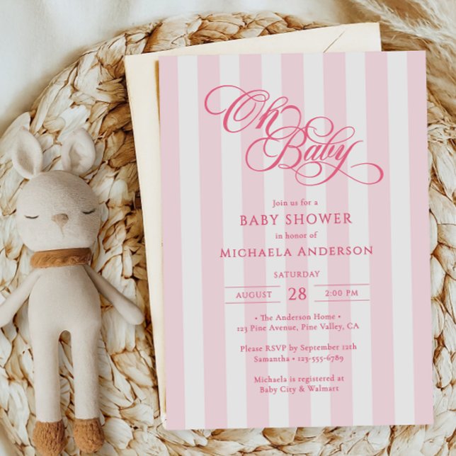 Oh Baby Elegante Script & Stripes Baby Dusche Einladung (Von Creator hochgeladen)