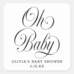 Oh Baby Elegantes Script B & W Baby Shower Geschen Quadratischer Aufkleber